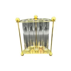 Vintage Brass Semi Circle Flower Vase Arranger with 5 Glass Vials